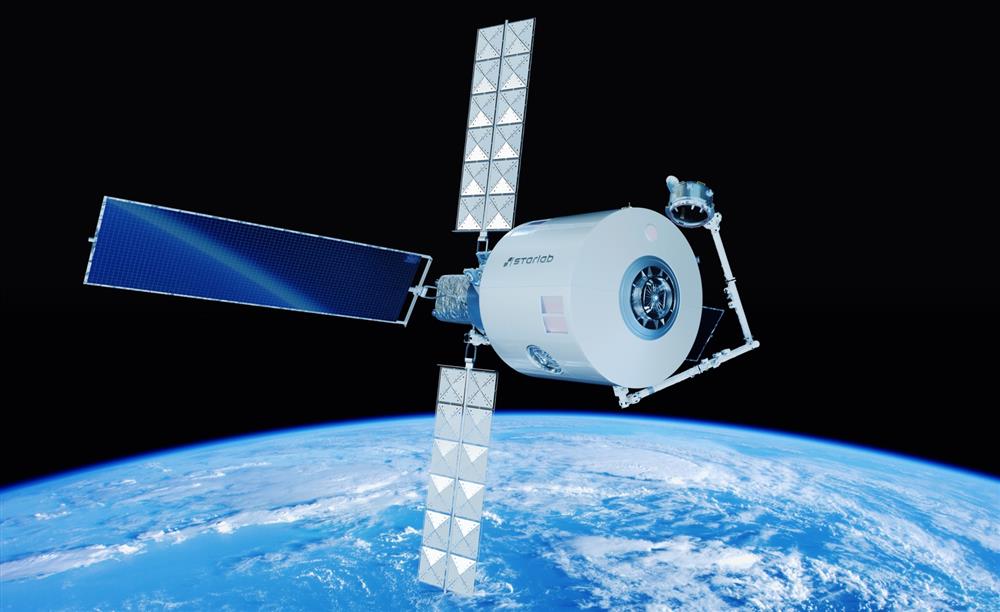 Takto by měl vypadat Starlab, stanice sdružení Voyager Space. Skládá ze dvou modulů: servisního, a obyvatelného modulu o průměru 8 m a tlakovém objemu 450 m3 (Zdroj: Voyager Space)